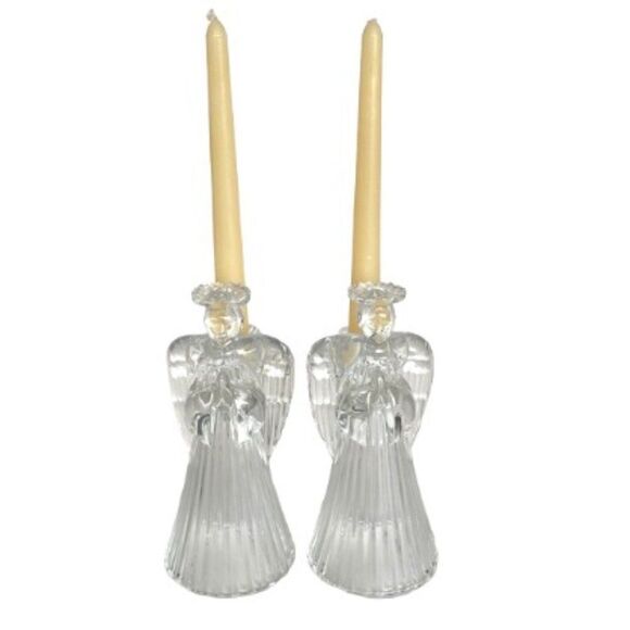 Vintage Clear Glass Lead Crystal Angel Taper Candle Stick Holders Set 2 Holiday - Picture 1 of 15